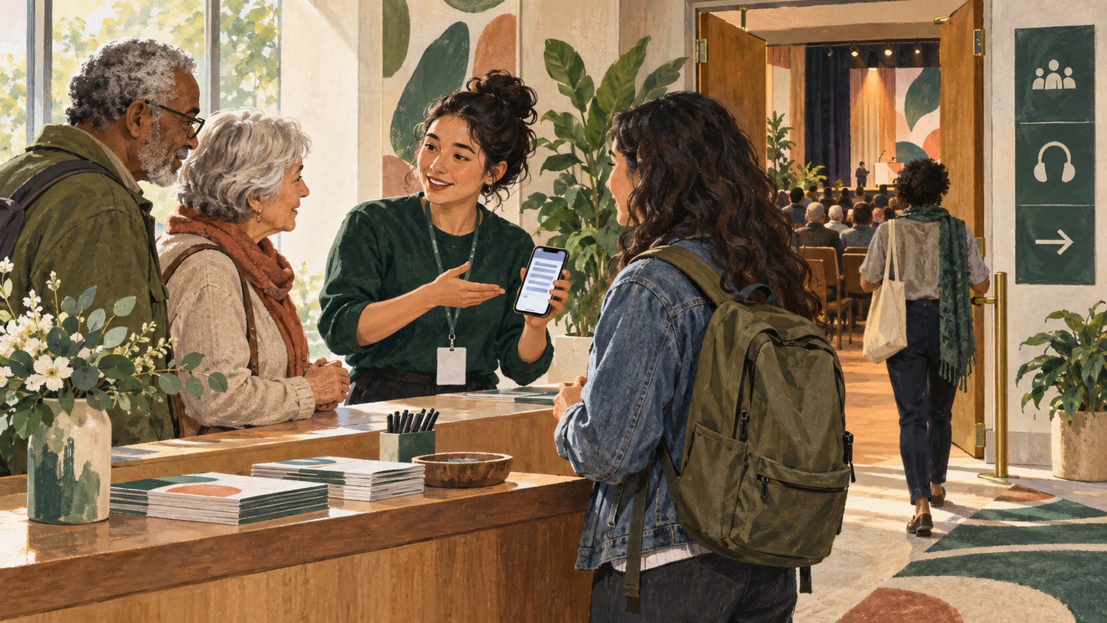 Illustration of a volunteer welcoming attendees and helping them find language access before entering an auditorium