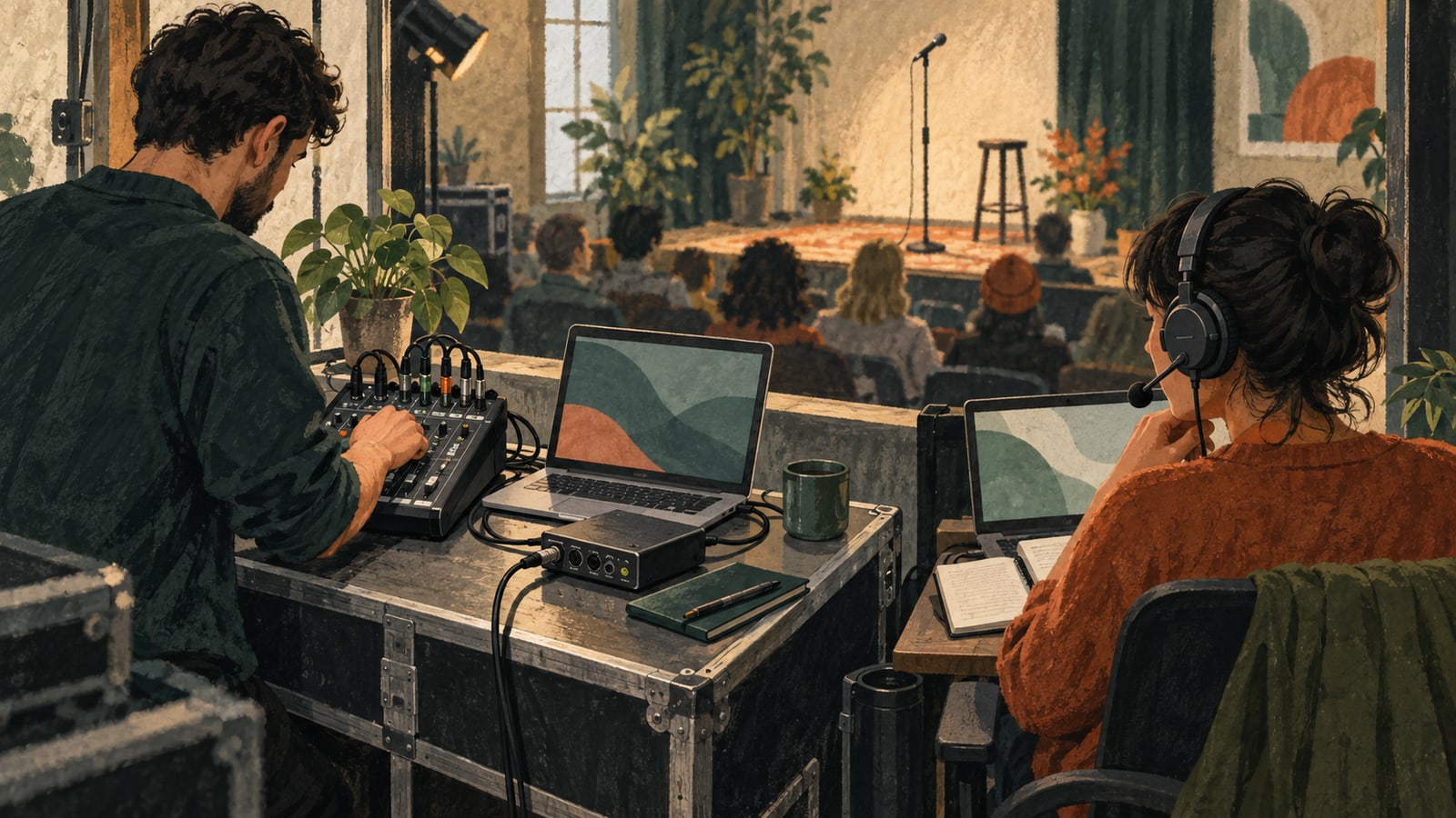 Illustration of a sound-desk operator and headset interpreter working at separate audio stations